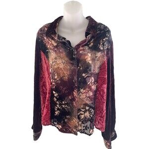Womens Top XL Silk Blend Burnout Velvet Grunge Floral Whimsigoth Artsy Button